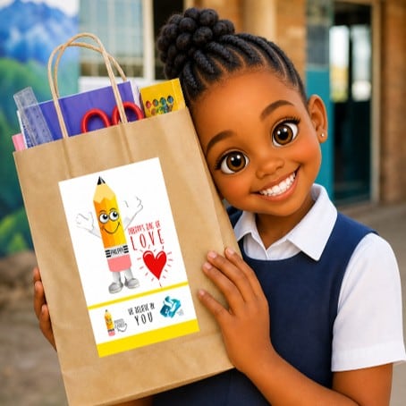 A learner holding her Preppi's Bag of Love stationery bag