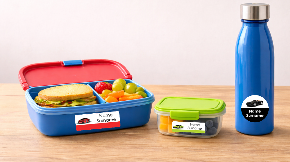 Labelled lunch containers and a water bottle arranged on a table