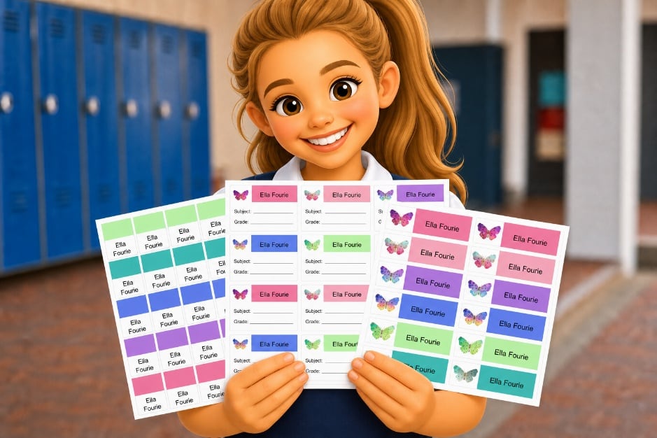 A learner holding sheets of colourful personalised name labels