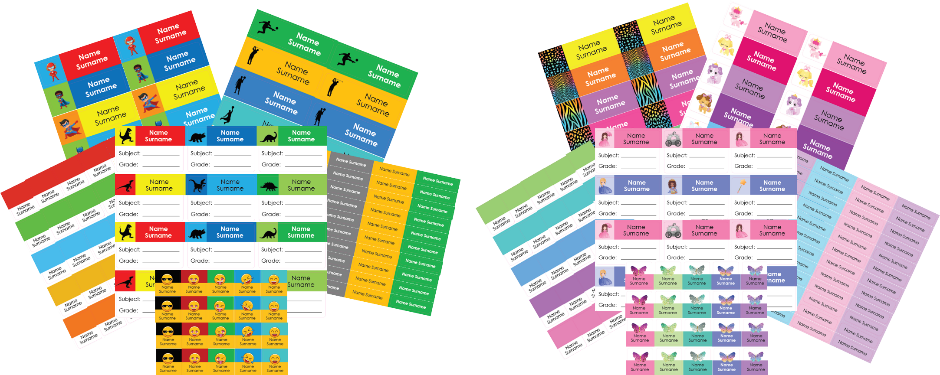 A selection of colourful personalised school label packs