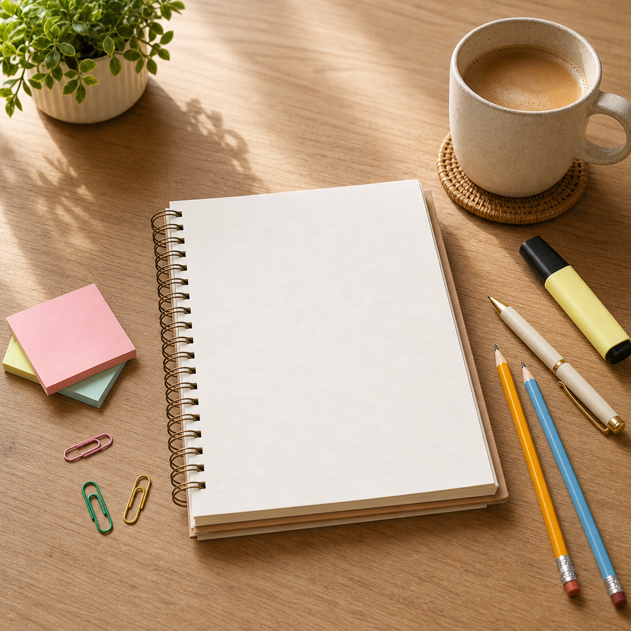 An open notebook with stationery and a cup of coffee on a wooden desk